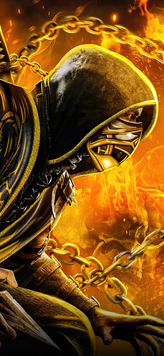 scorpion, mortal kombat, game, ninja, warrior, chain, fire, yellow, art