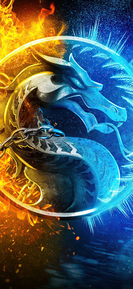 mortal kombat, game, dragon, logo, fire, ice, yellow, blue, art