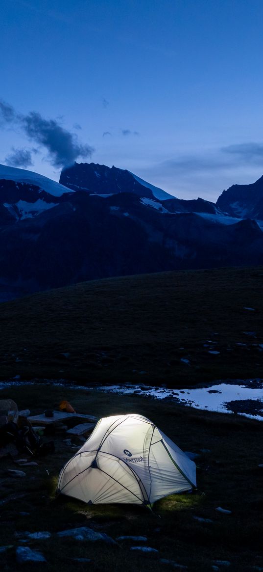 tent, twilight, mountains, nature