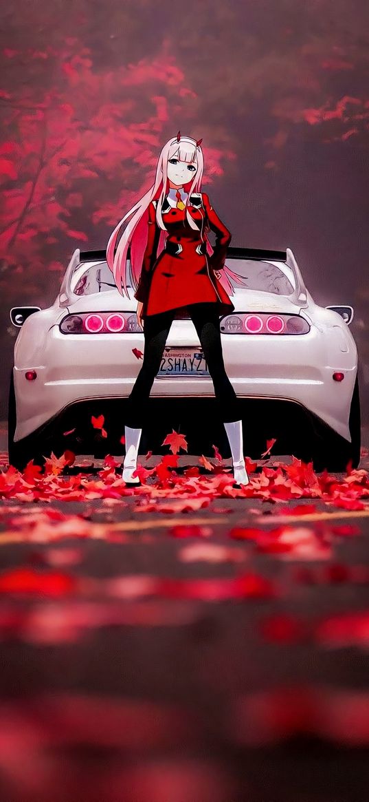 zero two, darling in the franxx, anime, girl, toyota supra, car, leaves, autumn, art