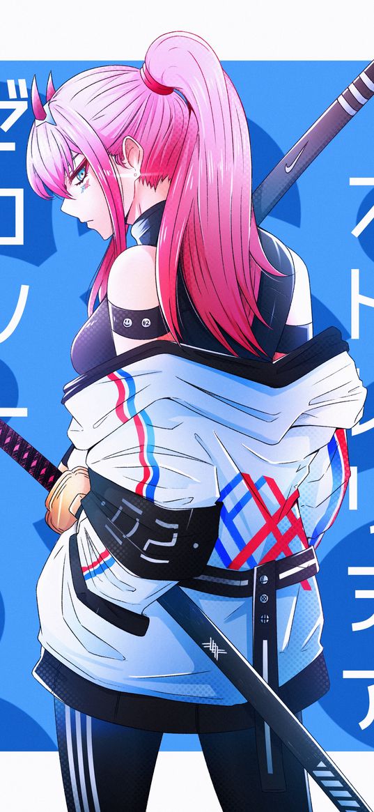 zero two, 002, darling in the franxx, anime, girl, art, katana