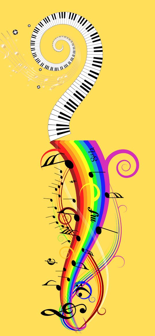 sheet music, music, piano, rainbow, yellow background, art