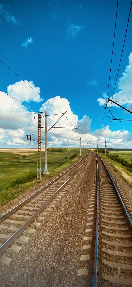 railway, fields, summer, clouds, blue sky, landscape, nature