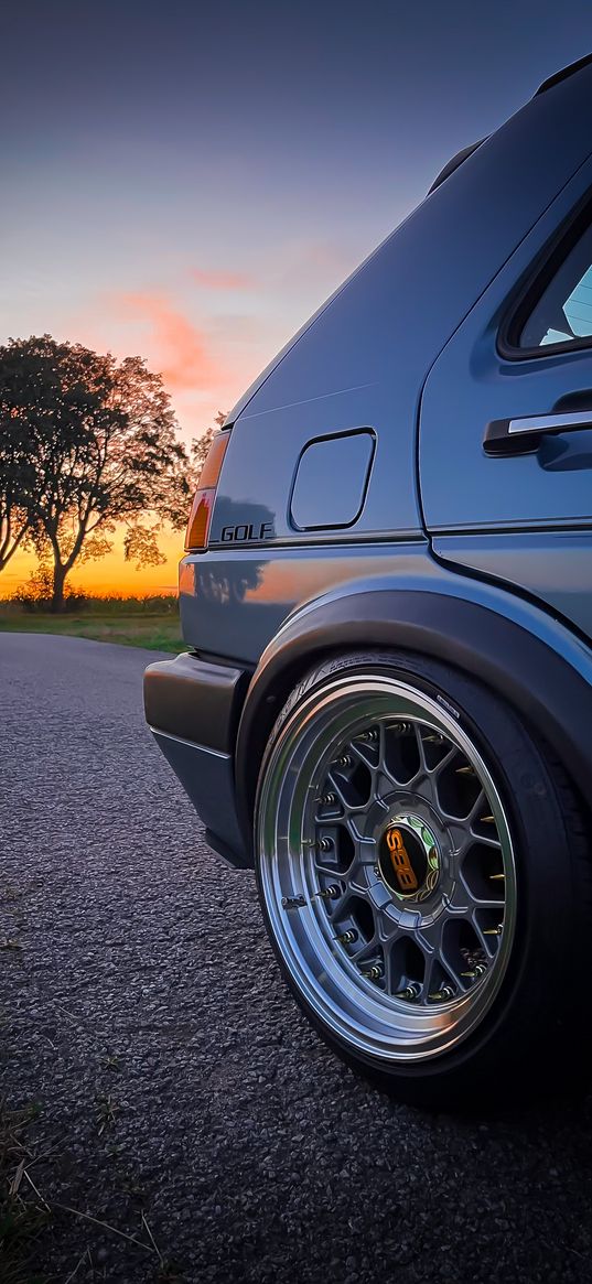 volkswagen golf, volkswagen, car, gray, tuning, road, trees, sunset