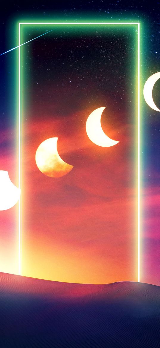 moon phases, moon, rectangle, neon, comet, dunes, desert, starry sky