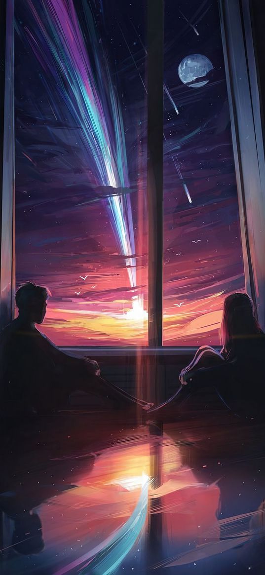 couple, window, comet, sunset, moon, evening, love, romance, art