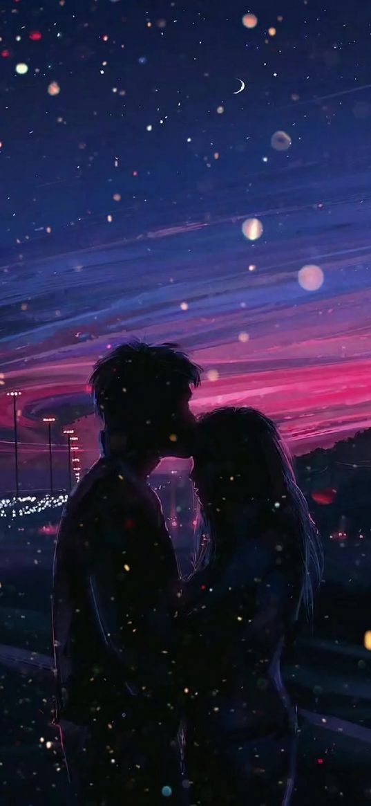 couple, city, lights, sunset, love, romance, art