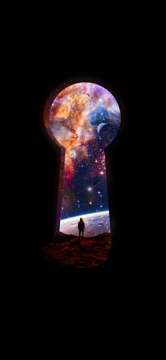 keyhole, man, stars, planet, space, art