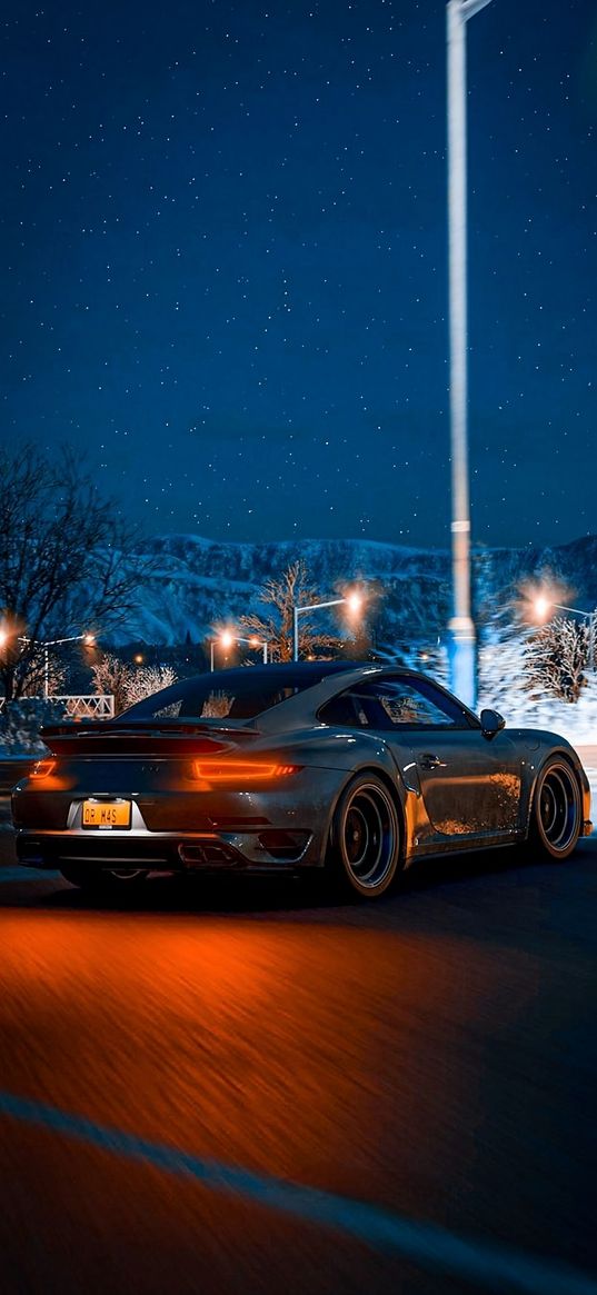 porsche 911, porsche, car, road, speed, stars, night