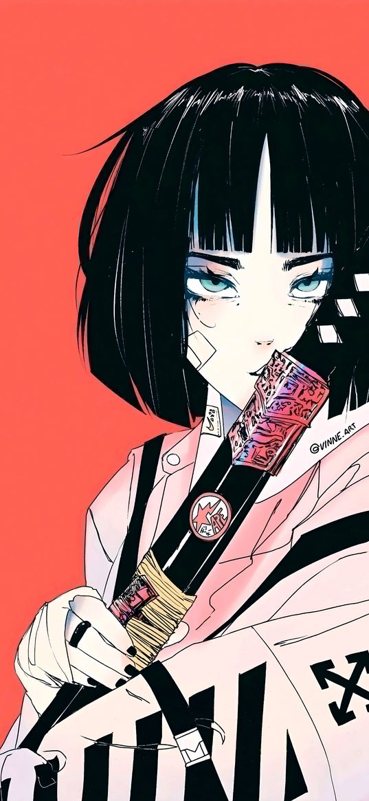 anime, girl, katana, orange background, sword, sports style, art