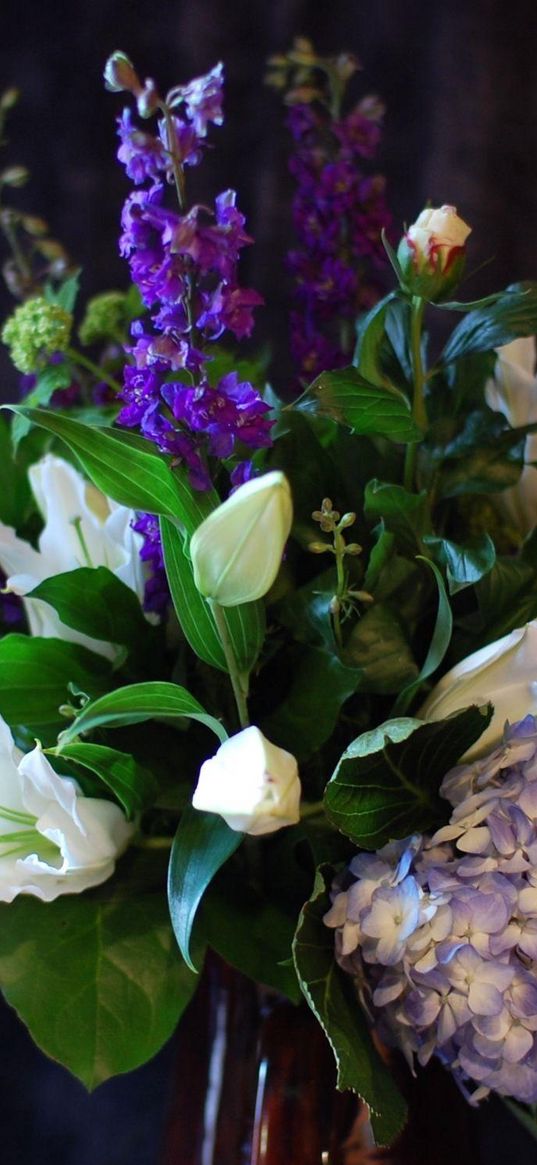 lilies, delphinium, hydrangea, flowers, bouquets, composition, design