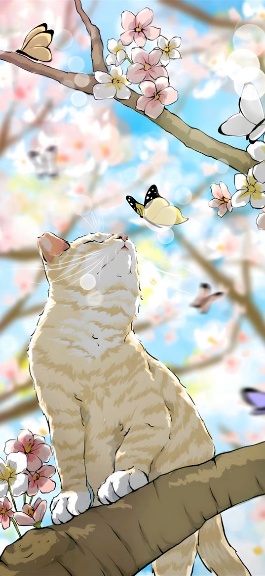 cat, butterflies, branches, flowers, tree, art