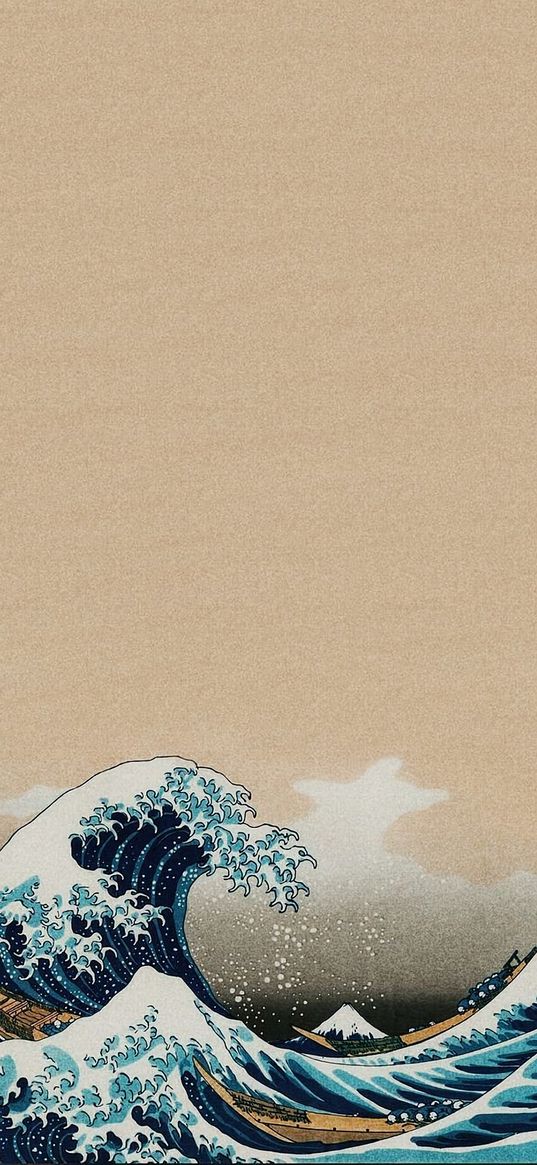 big wave in kanagawa, painting, katsushika hokusai, beige background, art