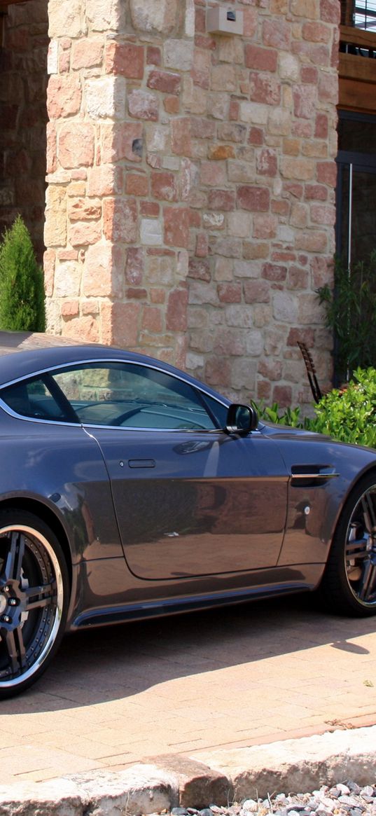 aston martin, v8, vantage, 2009, gray, side view, sports, building