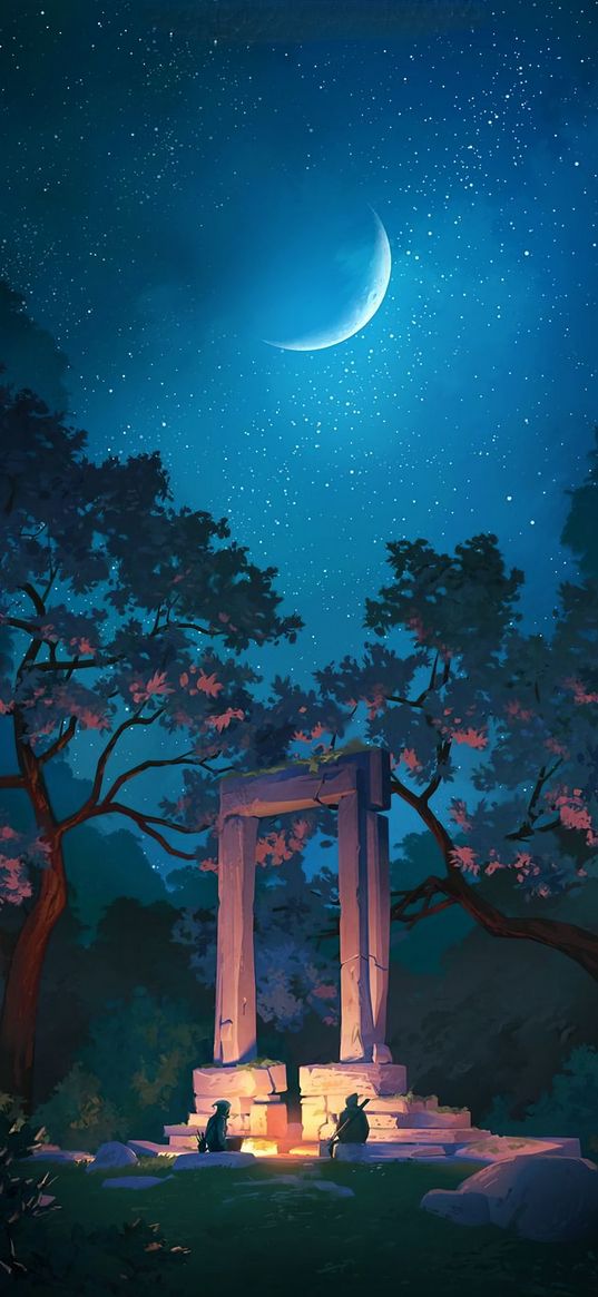 portal, arch, ruins, trees, moon, art