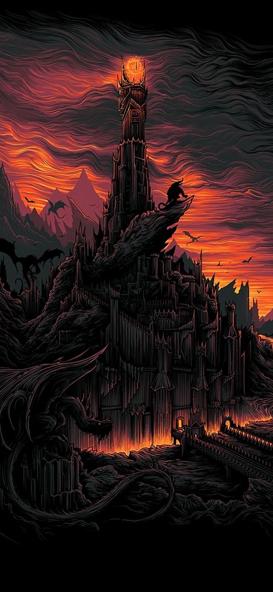 castle, tower, eye of sauron, mordor, lord of the rings, fantasy, art