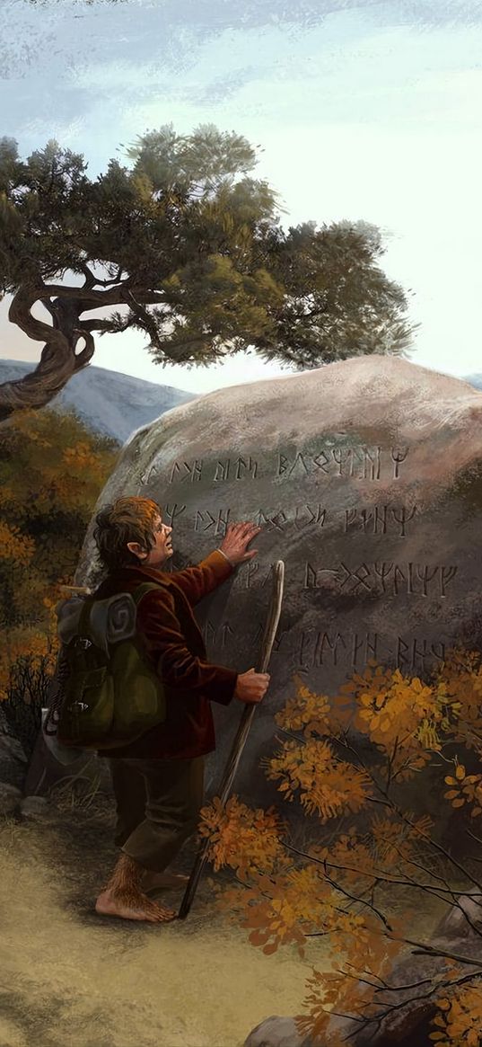 bilbo baggins, hobbit, fantasy, stone, runes, art