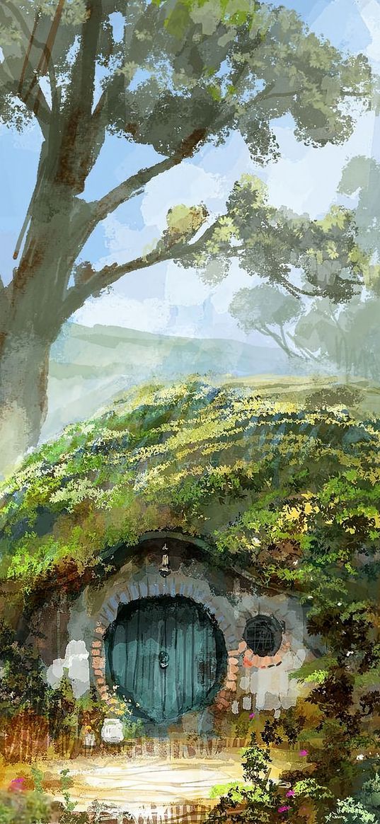 hobbiton, house, hill, tree, lord of the rings, fantasy, art