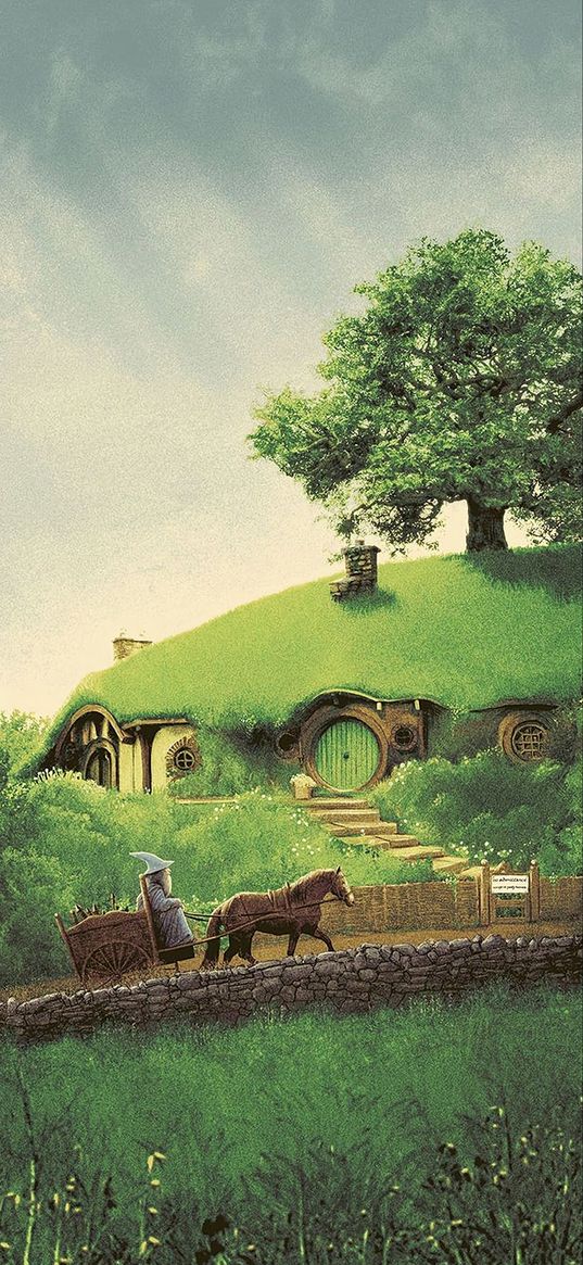 gandalf, wizard, lord of the rings, hobbit, fantasy, hobbiton, horse, cart, art