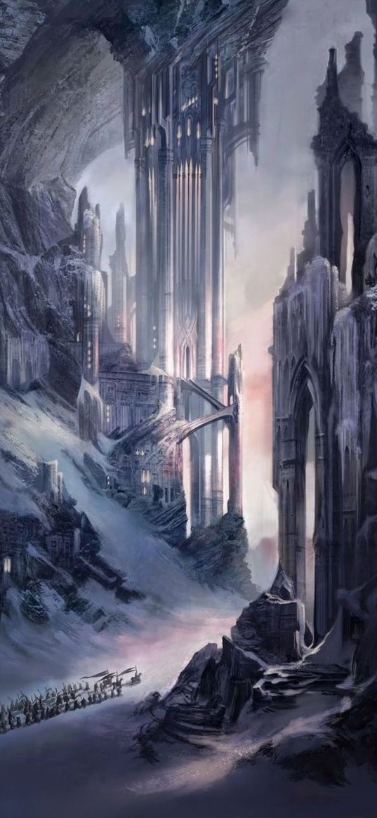 castle, mountains, snow, squad, lord of the rings, fantasy, art