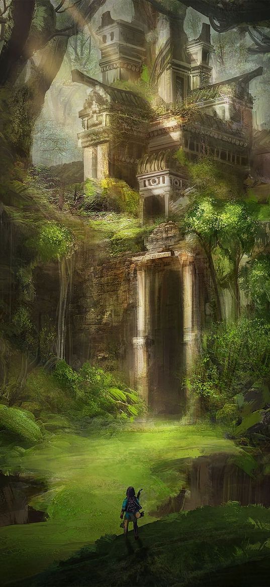 castle, forest, greenery, warrior, archer, fantasy, art