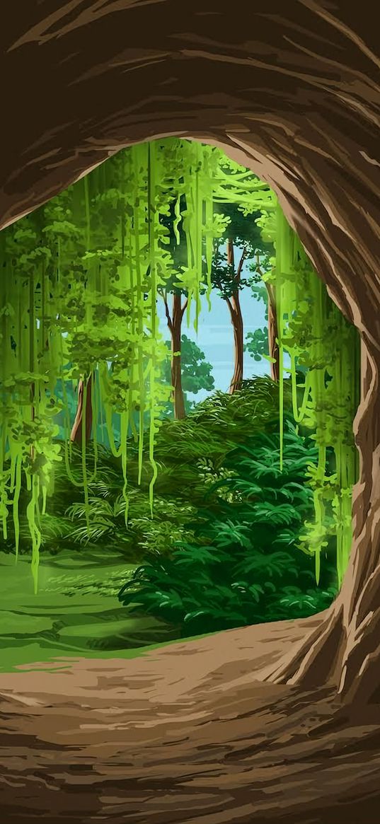 cave, greenery, forest, art