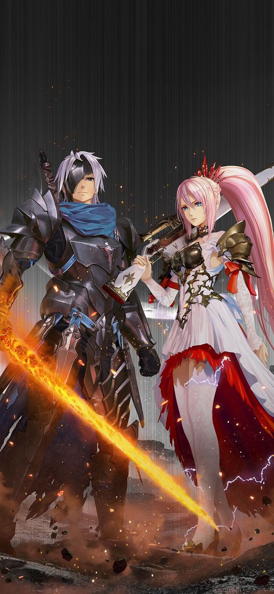 tales of arise, game, anime, characters, guy, girl, armor, sword, guns, weapons, mountains, art