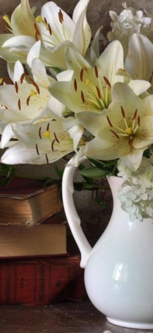 lilies, hydrangeas, flower, book, vase, peas, notes