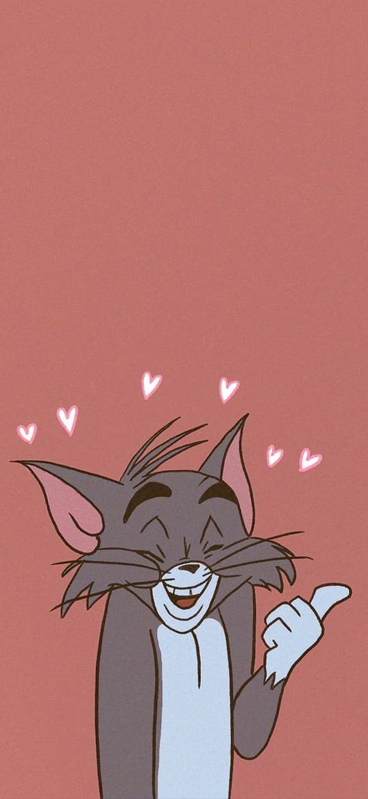 tom and jerry, tom, cartoon, cat, hearts, laughter, pink background, art