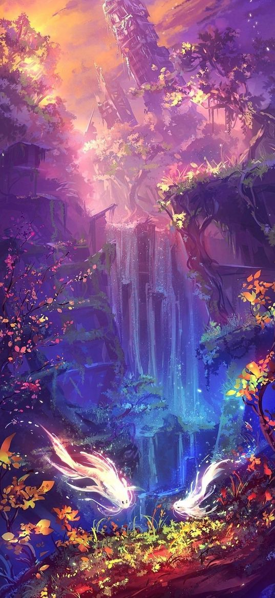 waterfall, stream, fish, forest, towers, fantasy, art