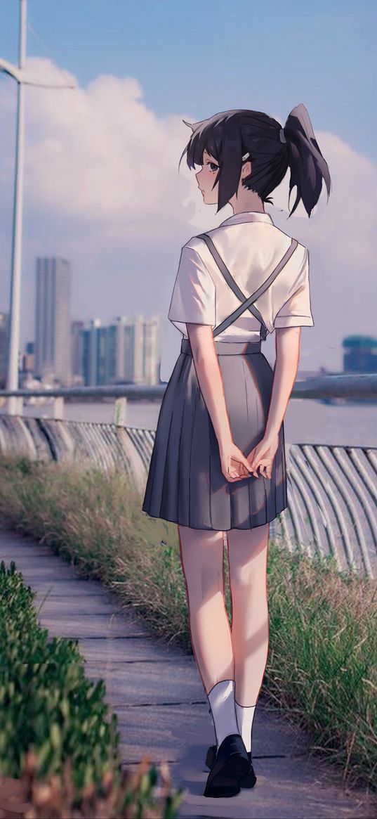 girl, lonely, walking, river, city, anime, art