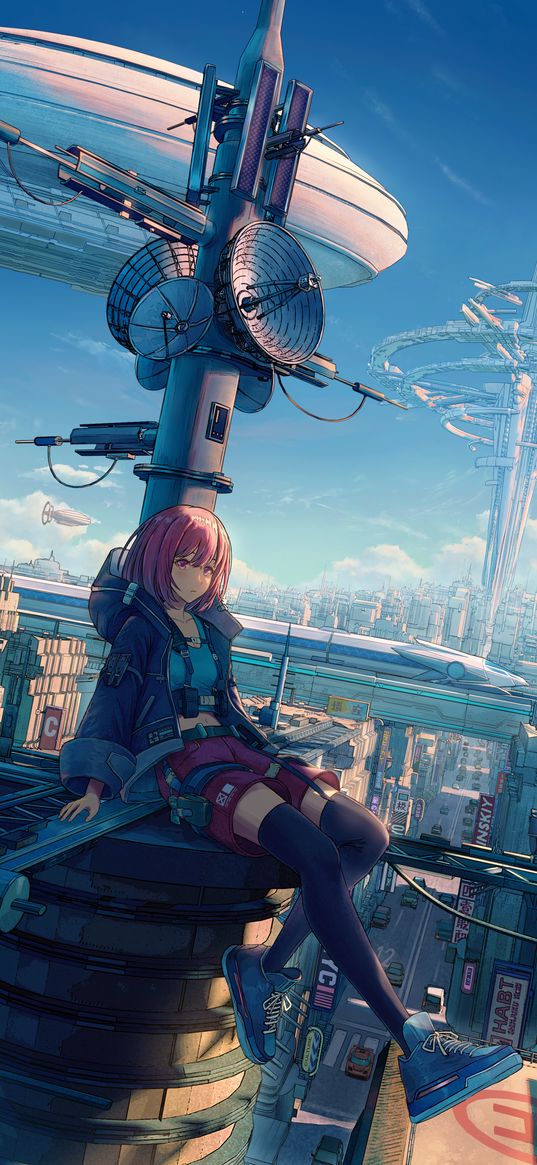 girl, antenna, airship, city, future, science fiction, anime, art