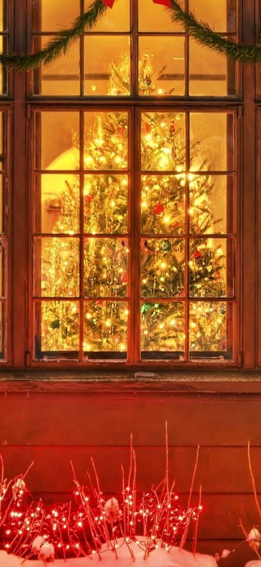 christmas trees, christmas, new year, garlands, window