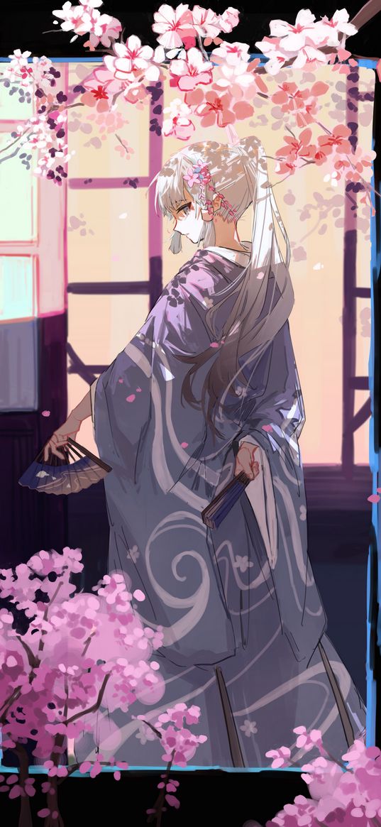 kamisato ayaka, genshin impact, anime, girl, game, art, kimono, fan, sakura
