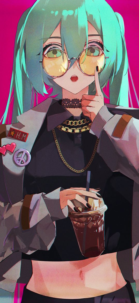 hatsune miku, anime, girl, art, glasses, badges, drink