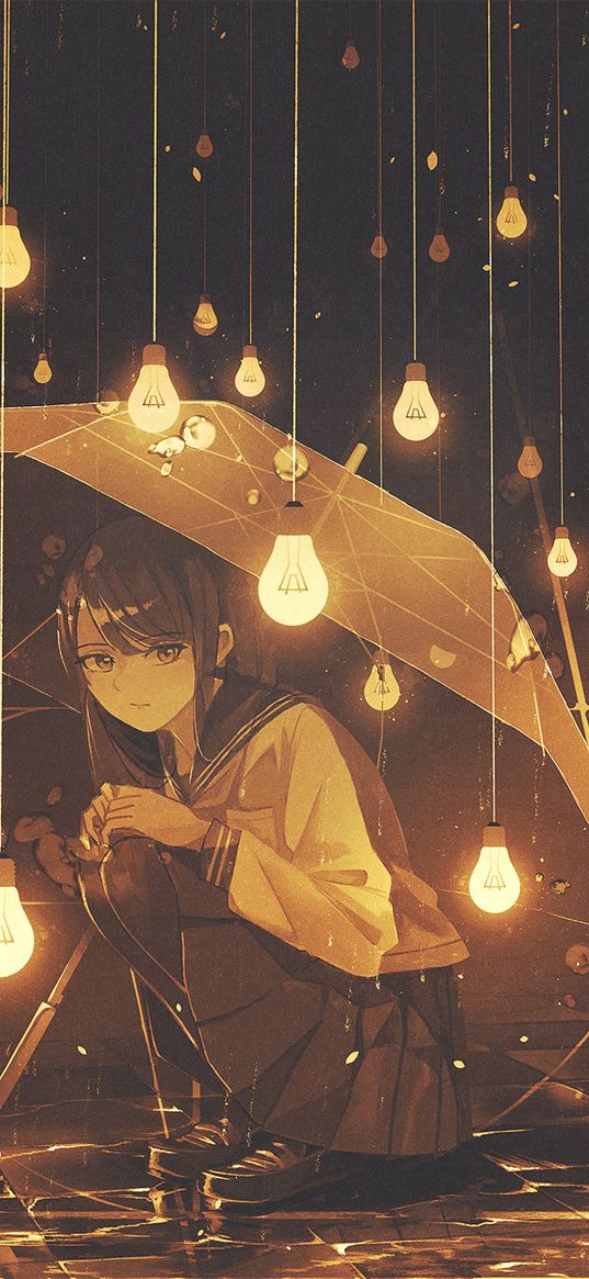 girl, anime, art, schoolgirl, umbrella, rain, light bulbs