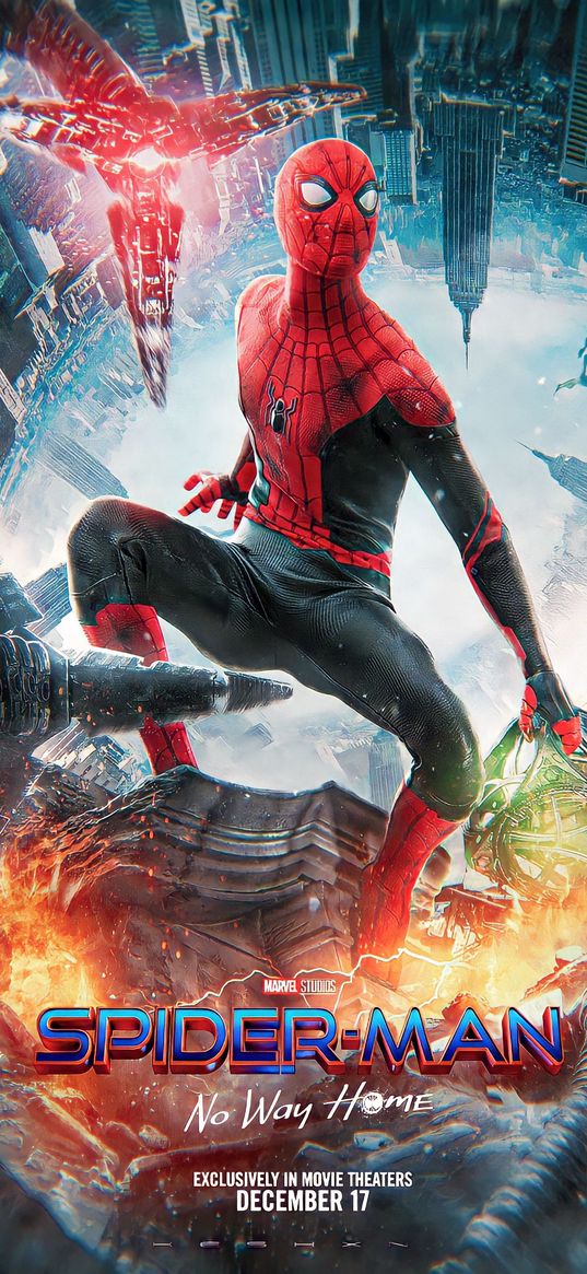 spiderman, spider-man, no way home, movie, superhero, marvel, tentacles, battle, city, poster, art