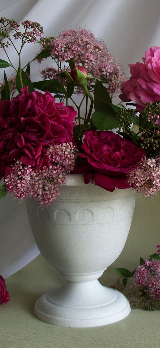 roses, flowers, bouquet, vase, angel, fabric, bud