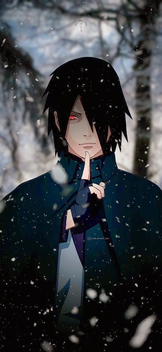 sasuke uchiha, naruto, anime, guy, forest, snow, winter, art