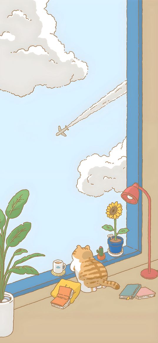 cat, window, airplane, clouds, sky, cute, pet, art