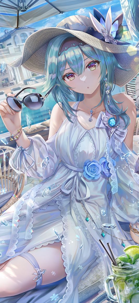 eula, genshin impact, game, anime, girl, dress, hat, pool, glasses, beautiful, cute, hotel, art