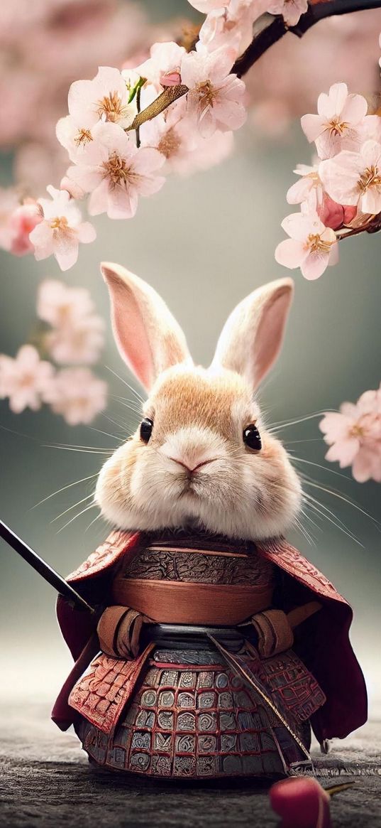 rabbit, animal, sword, samurai, sakura, art