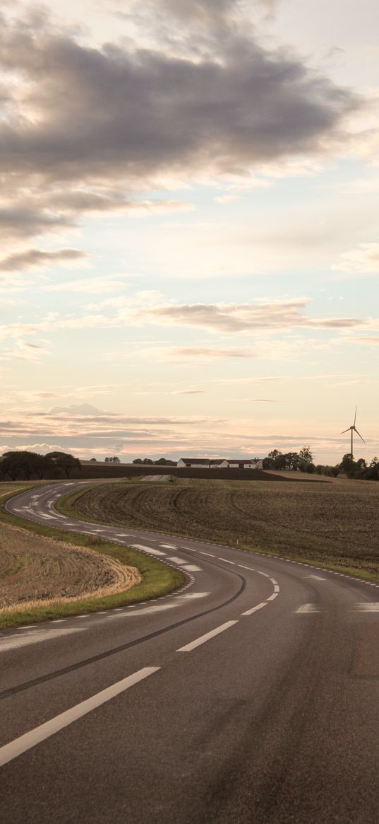 road, field, house, trees, windmill