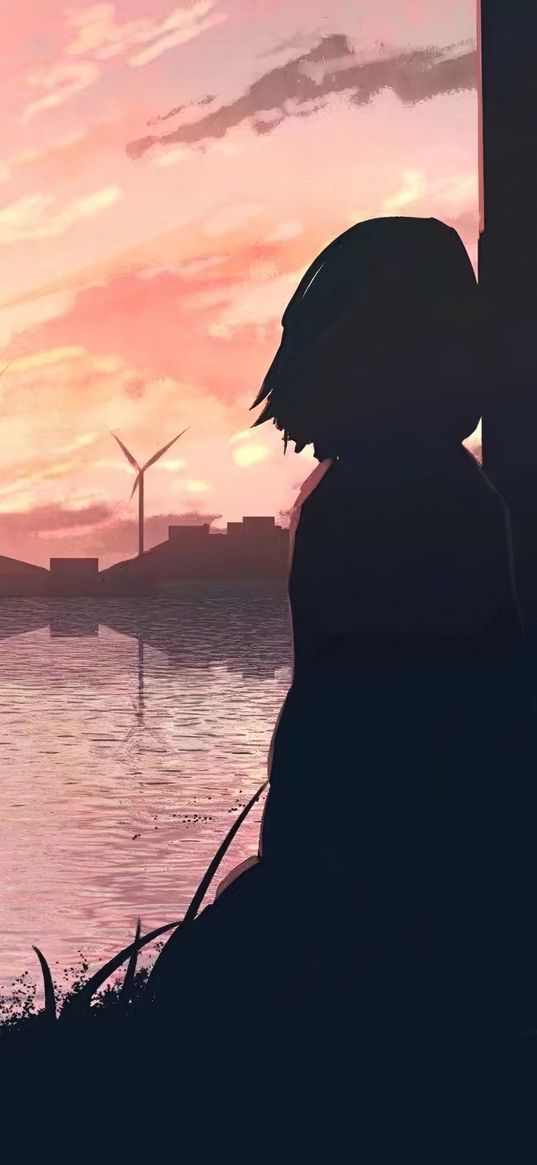 girl, anime, art, silhouette, sunset, windmills