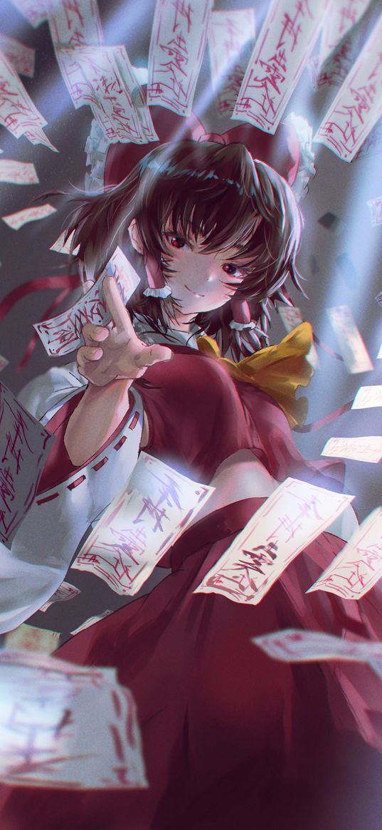 hakurei reimu, touhou, anime, girl, game, art, cards, hieroglyphs