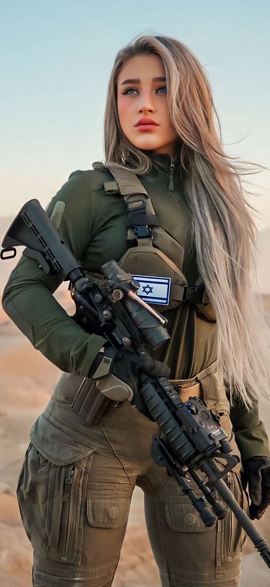 blonde, girl, soldier, military, camouflage, rifle, weapon, desert, israel