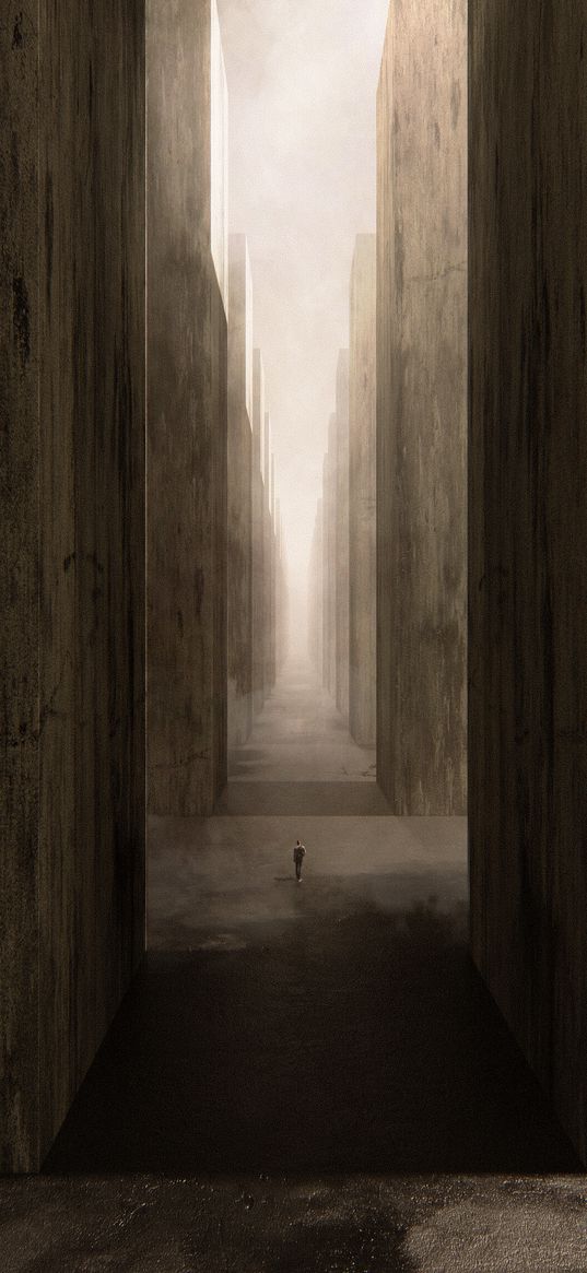 columns, tunnel, light, man, silhouette, art