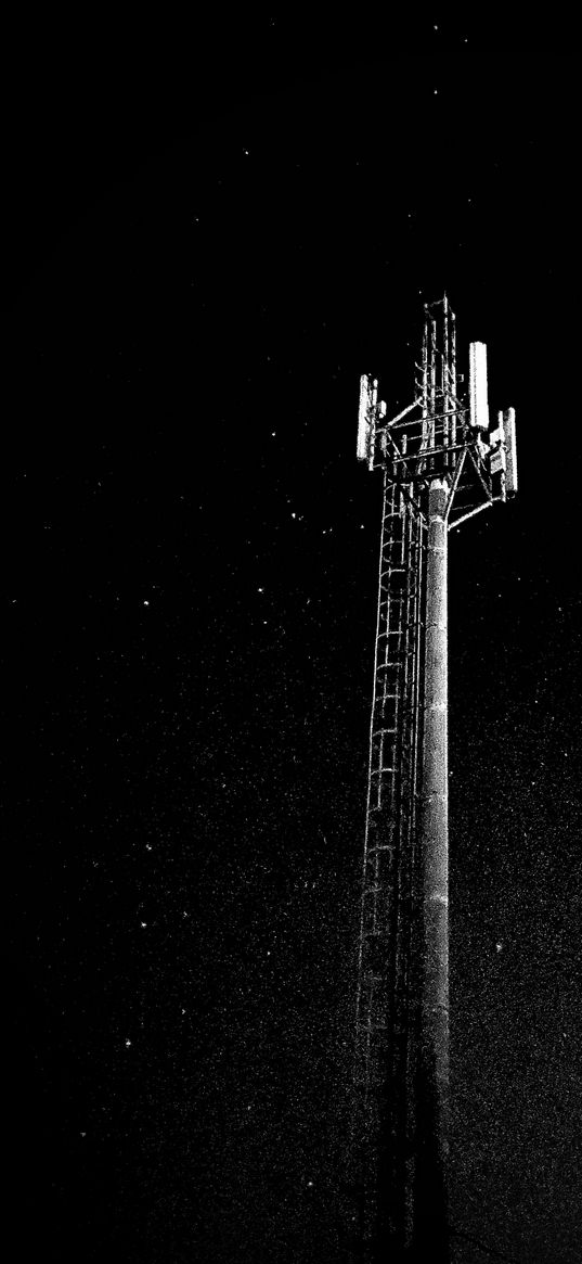 antenna, tower, stars, starry sky, space, black and white, art