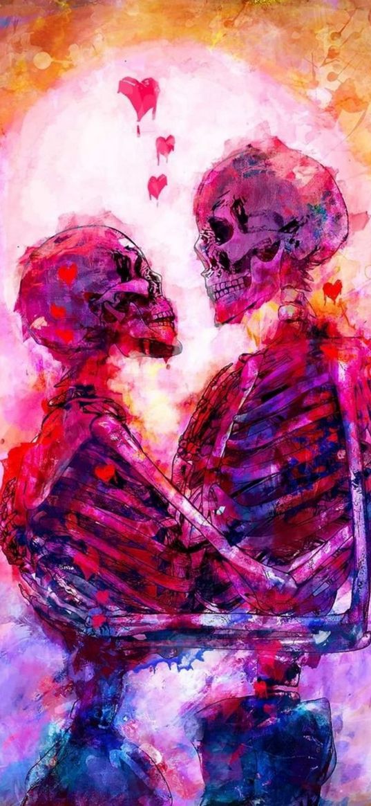 couple, skeletons, love, romance, hearts, painting, drawing, art