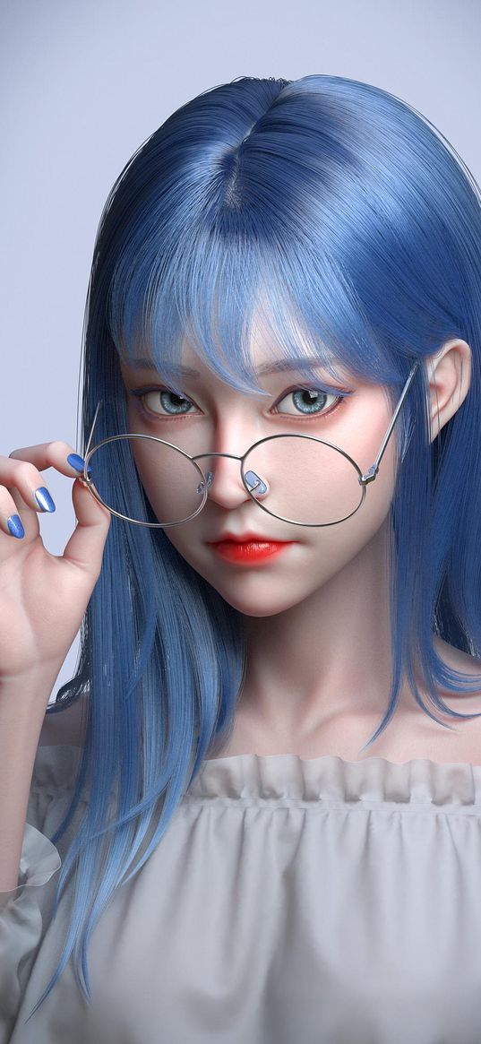 girl, asian, beautiful, cute, blue hair, glasses, blouse, manicure, art